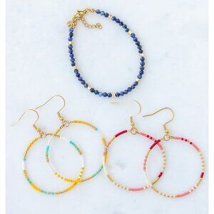 Bundle of 3! Beaded Lapis Lazuli Bracelet & 2 Pairs beaded Hoop earrings So Cute
